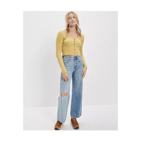 American Eagle Button-Front Cardigan Size Large Yellow Ribbed Cropped L - Picture 3 of 11